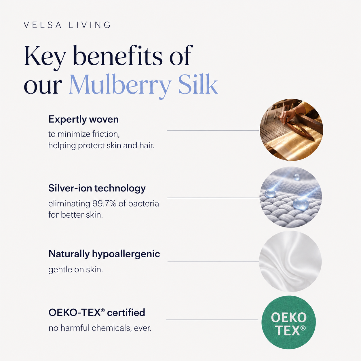 Valsa Living Mulberry Silk product description with key benefits and OEKO-TEX certification.
