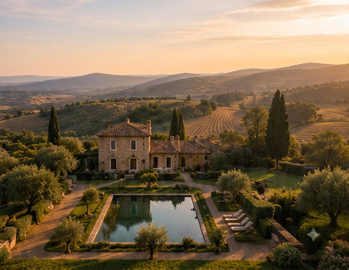 Luxury countryside villa with landscaped gardens and elegant swimming pool