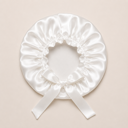White silk sleep cap for hair protection