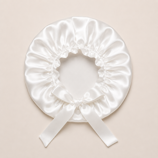 White silk sleep cap for hair protection