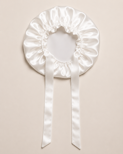 White silk sleep cap for hair protection