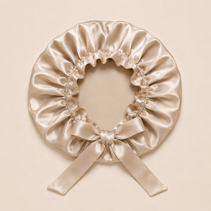 Beige silk sleep cap for hair protection