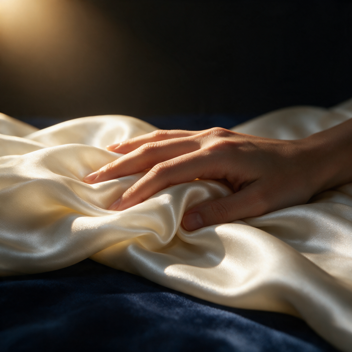 Hand resting on luxurious mulberry silk fabric showcasing its smooth texture