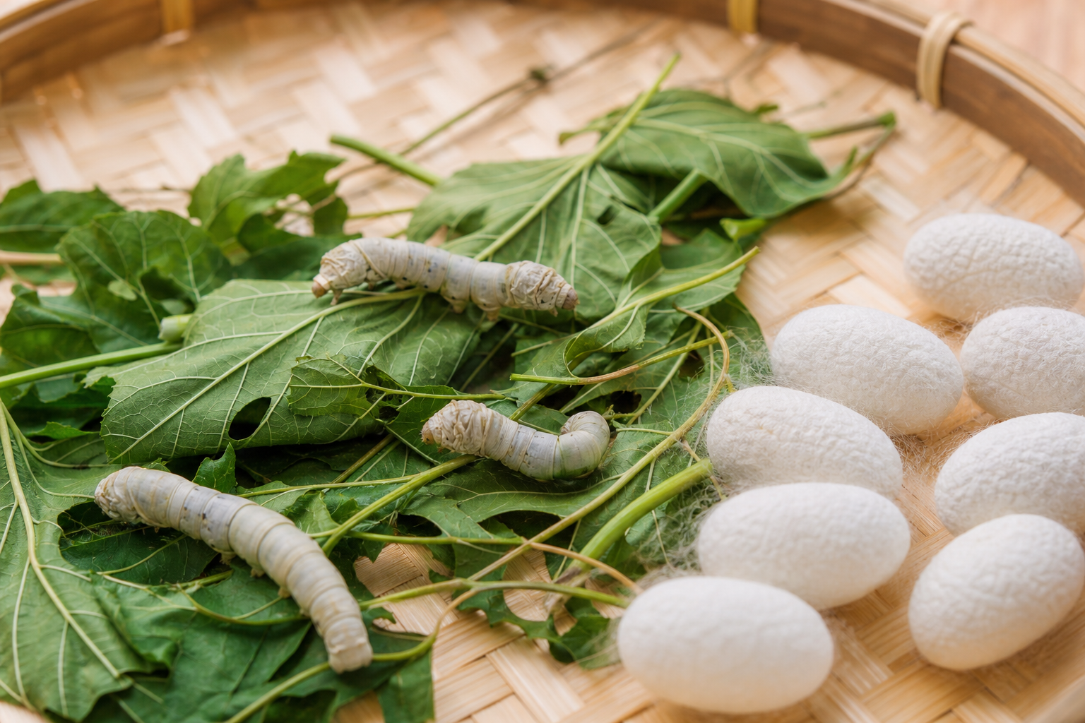 Mulberry leaves, silkworms and ivory silk cocoons