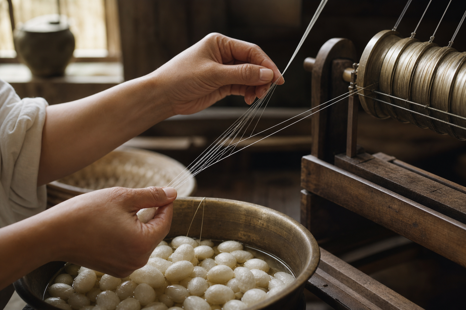Fine silk filaments being guided together during reeling