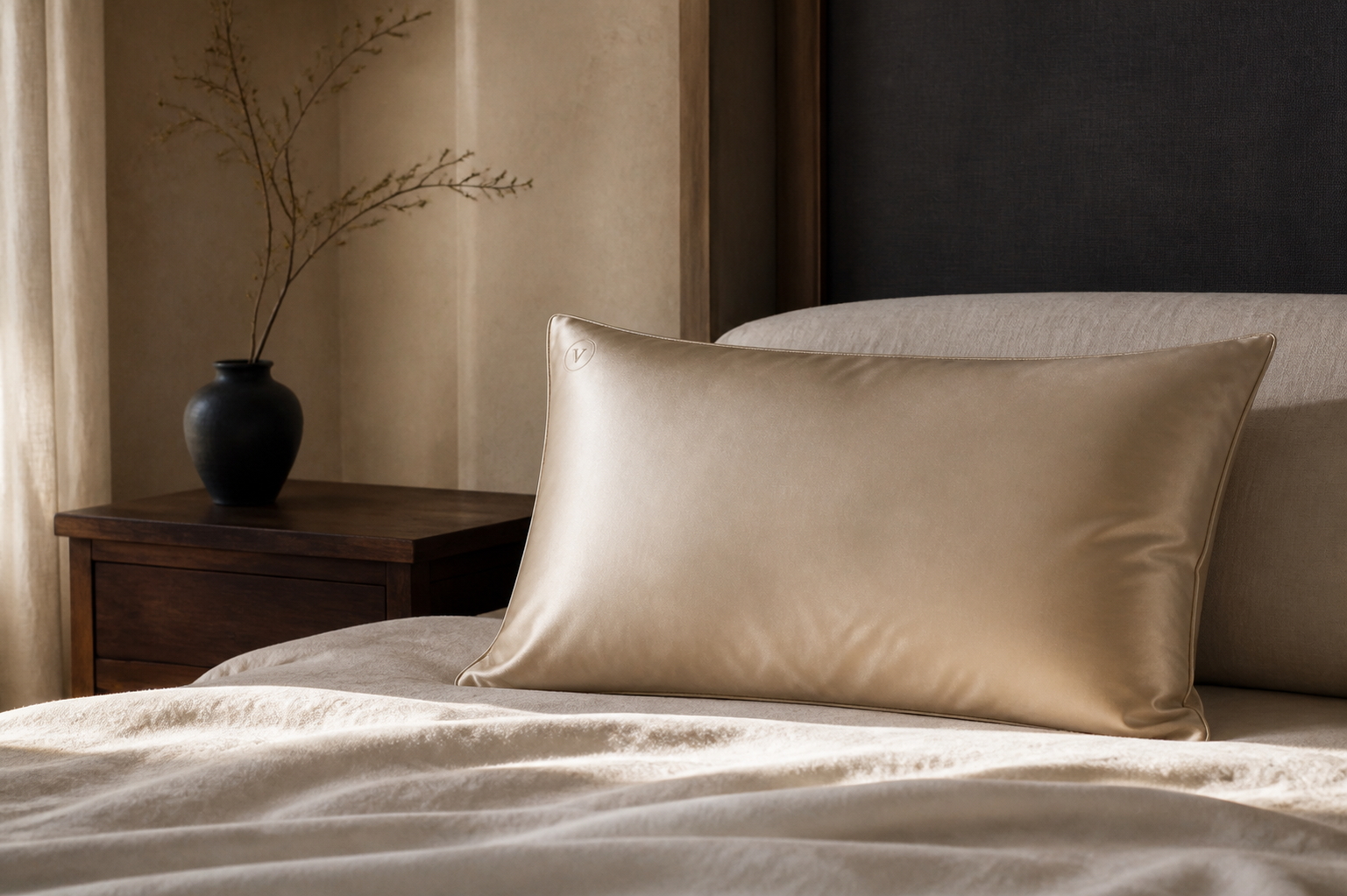 Champagne Velsa silk pillowcase in quiet morning light